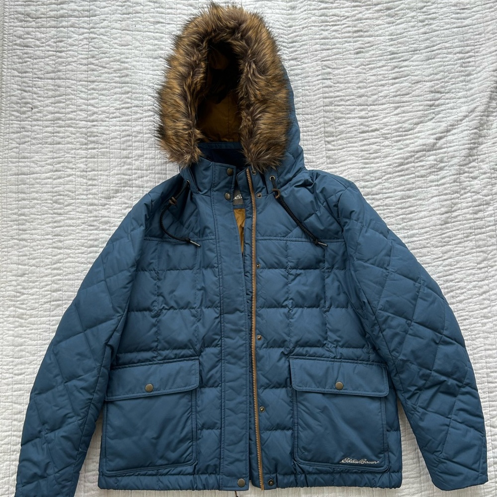 Eddie Bauer XL Jacket Blue Goose Down Puffer Parka Quilted Coat Winter Fur Trim